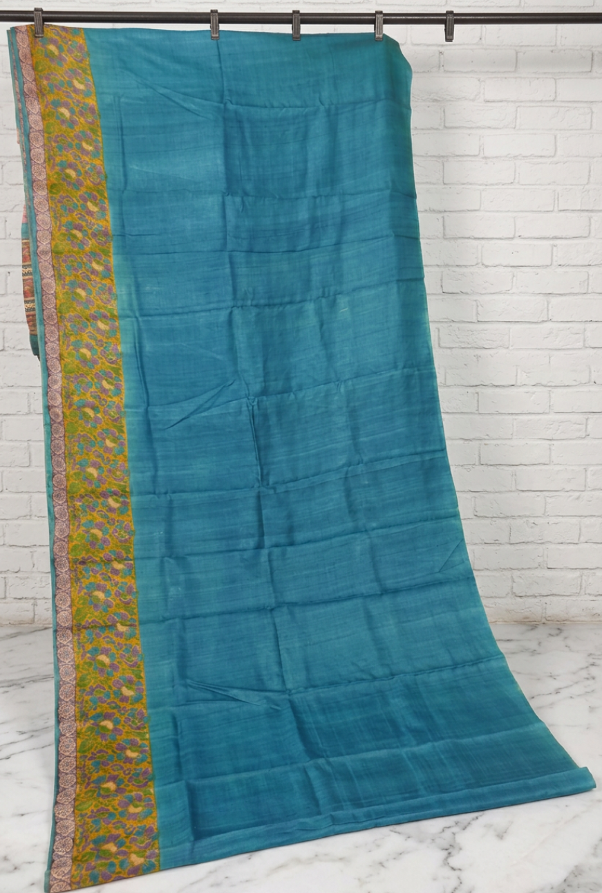 Teal-Mustard Half-Half Desi Tussar with Floral Block Print
