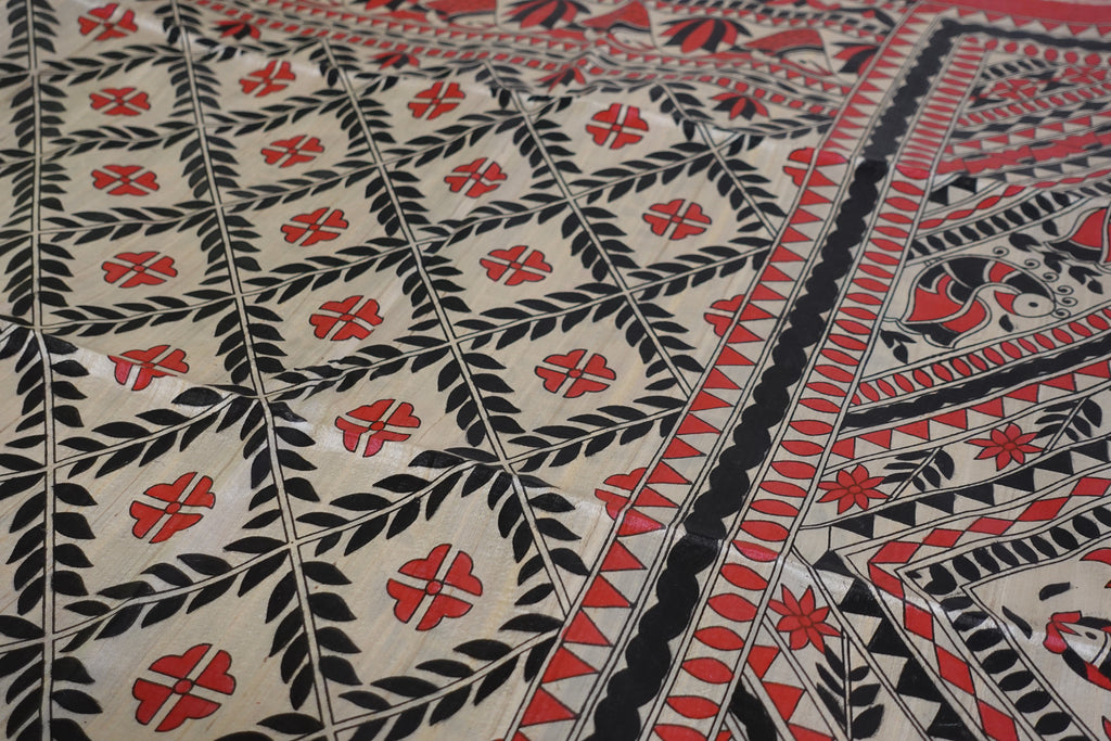 Red-Black Gachhi Tussar with hand-painted Madhubani art