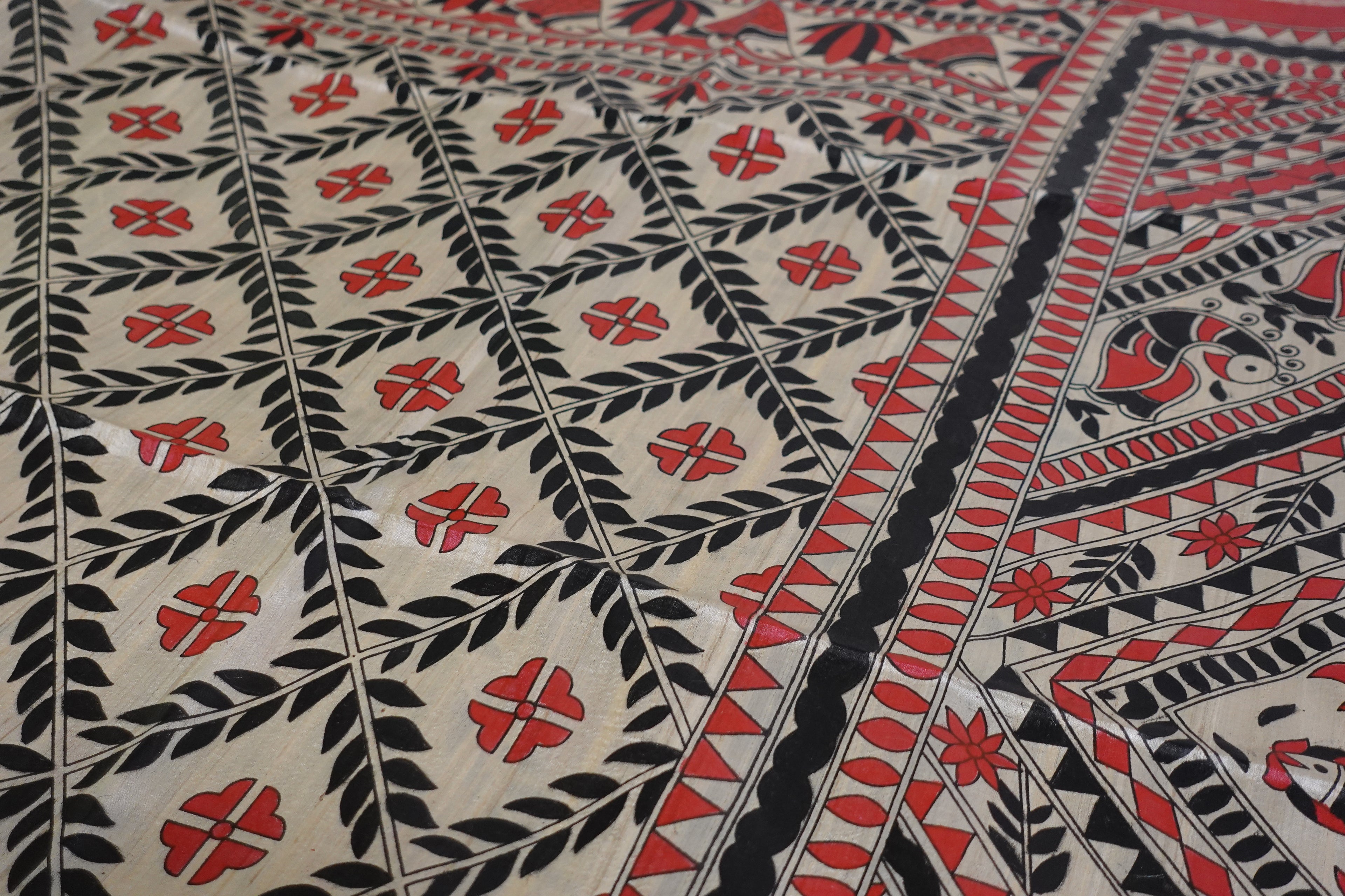 Red-Black Gachhi Tussar with hand-painted Madhubani art