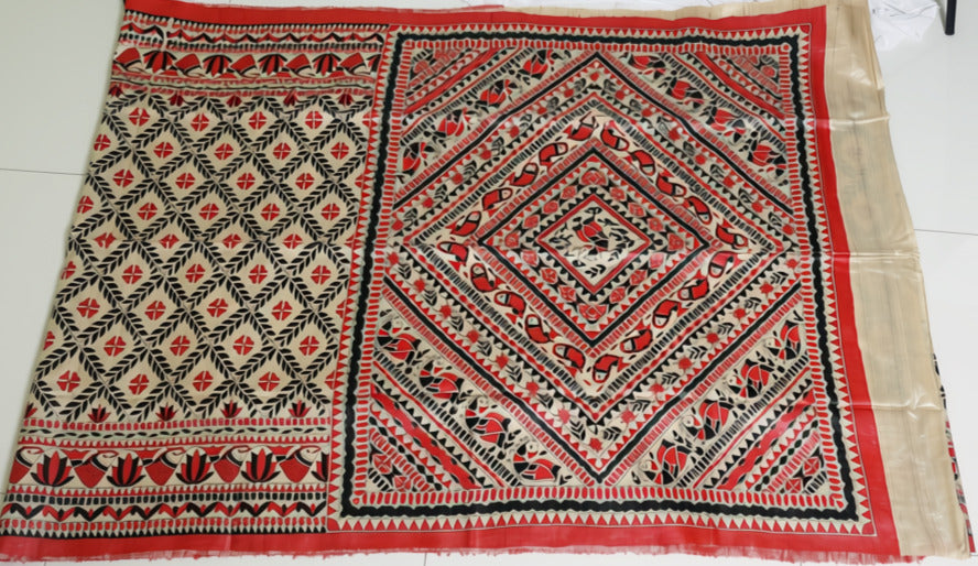 Red-Black Gachhi Tussar with hand-painted Madhubani art