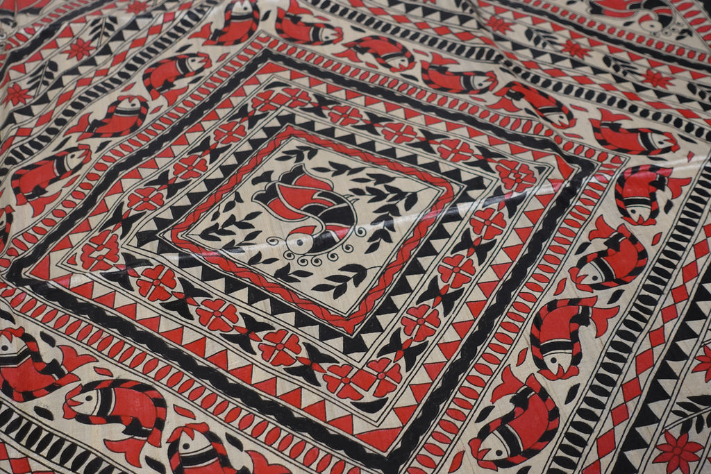 Red-Black Gachhi Tussar with hand-painted Madhubani art